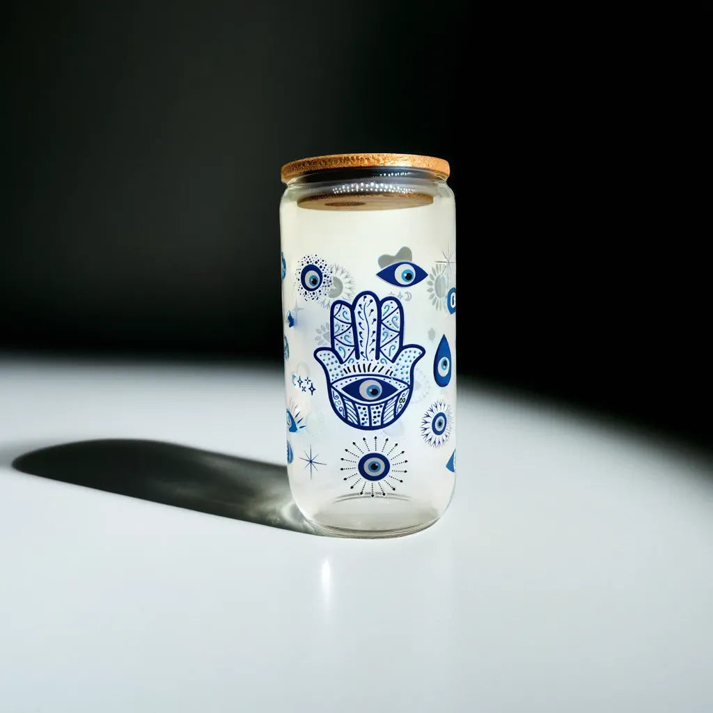 Mystical and Enchanting Glass Tumbler - Hand and Evil Eye